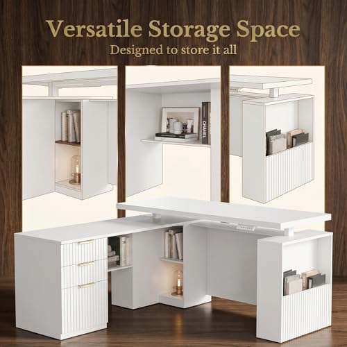 Image of 63 Inches L Shaped Standing Desk, Executive Standing Desk with Drawers and File Cabinet, AC /USB, 1.18 inch Desktop, Multi-Sized Storage Cubby, Privacy Panel, Fluted Computer Desk, White