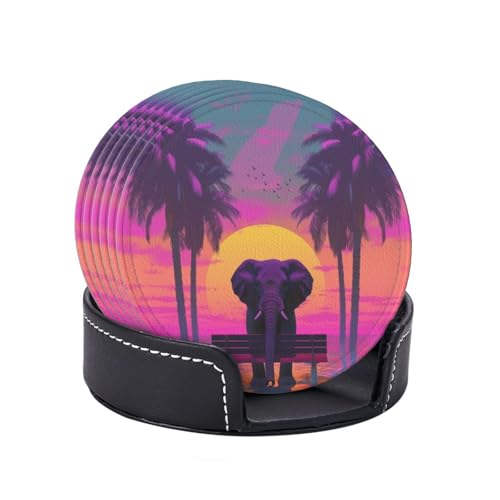 Juego de 6 posavasos de piel con diseño de elefante solitario de pie en la playa