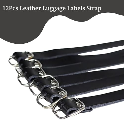 Image of 12 Pack Luggage Tag Strap Black Leather Luggage Labels Strap 8 inchx 0.5 inch Luggage Replacement Loop Straps with Buckle for ID Name Card Pass Holder Storage Hanging Travel Accessories