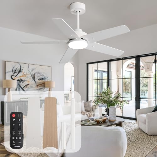 Image of 42 Inch Ceiling Fans with Lights and Remote for Bedroom Living Room Kitchen Home Office Indoor /Outdoor, 6CCT Dimmable, Dual Color 5 Blades, 6 Speed Reversible Quiet DC Motor, White /Wood Grain