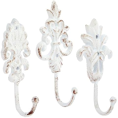 Farmlyn Creek Set of 3 Cast Iron Wall Hooks, French Country Farmhouse Design, Includes Screws and Anchors (6.5 in, White) Cover