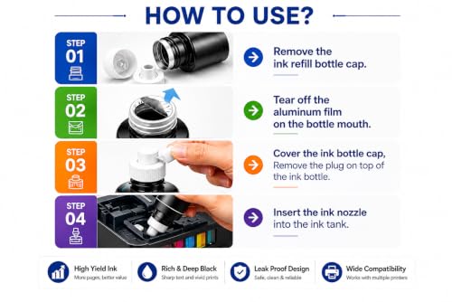 Image of ROHINK GT51 GT52 Ink Refill Dye Ink Compatible with HP Ink Tank 115, 310, 315, 319, 410, 415, 416, 419, 455, 500, 515, 530, 615, GT 5810, GT 5811, GT 5820 (Pack 5 (2*Black + 3* CYM))