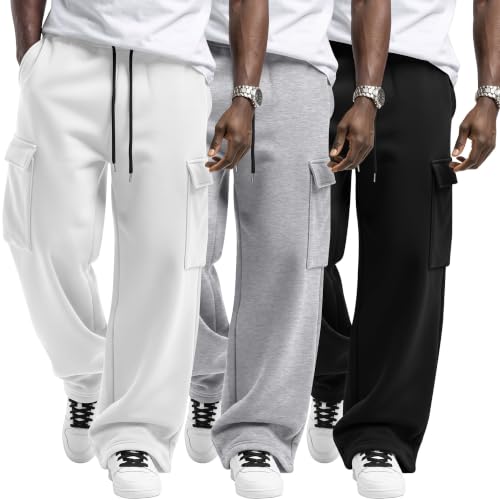 Ficerd 3 Pack Men's Cargo Sweatpants Baggy Pants with Pockets 3XL 3Color