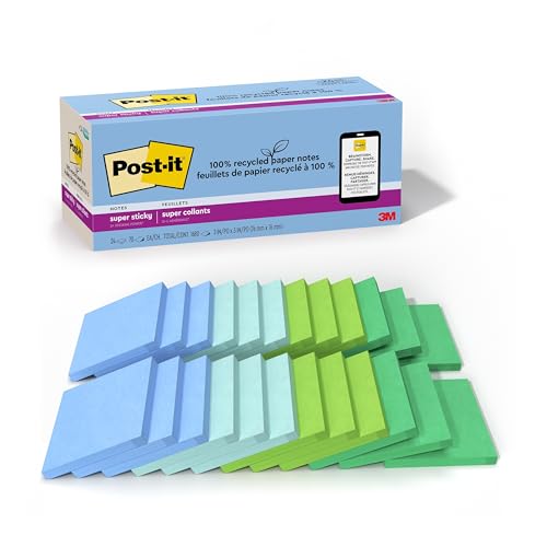 Post-it 100% Recycled Paper Super Sticky Notes, 3 in. x 3 in., 24 Pads, 70 Sheets per Pad, Oasis Collection, School Supplies and Office Products
