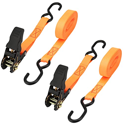 ZOENHOU Lot de 4 sangles d'arrimage à cliquet de 6 m x 25 mm avec crochets avec limite de rupture de 400 kg, sangles de sécurité avec cliquet pour appareils en déplacement, moto, remorque, orange Cover