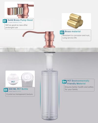 Image of Brass Kitchen Soap Dispenser, Red Copper in Sink Liquid Dish Soap Dispenser with High Capacity 500ML (17oz) ABS Bottle, Under Sink Hand Metal Dispenser Pump