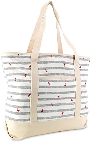 DALIX 22" Shopping Tote Bag in Heavy Cotton Canvas (Zippered Top) Gray Flamingo