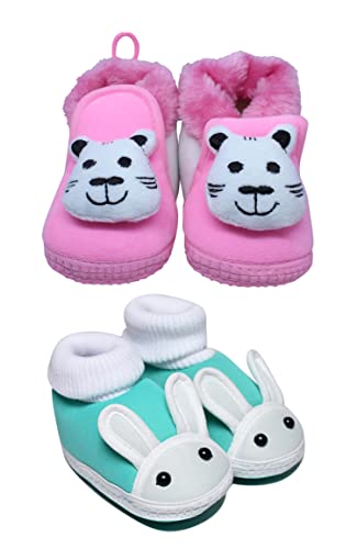 Mynekids Pack of 2 Teddy Style Cotton Smart Denim Anti Skid and abbit Style Soft Socks for 6 to 12 Months for Baby Boy & Girl-RK37-Pink-RK67-Green