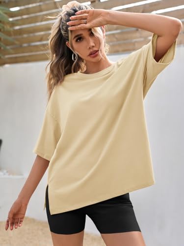 Image of Tankaneo Womens Oversized Tshirts Summer Casual Short Sleeve Crew Neck T Shirt Loose Fit Side Slit Tee Tops