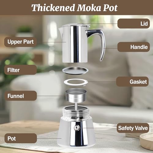 Image of 2 Cup Thickened Moka Pot 304 Stainless Steel 100ml | Italian Espresso Coffee Maker Stovetop CoffeeMakers Mocha Pot for Induction Stove Classic Cafe Makers Portable