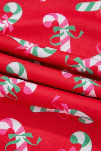 Image of KevaMolly Women Novelty Knotted Candy Cane Christmas Pajama Set | Christmas Floral Bow Print PJ Set, Button Lapel Knotted Drawstring Shorts with Convenient Side Pockets