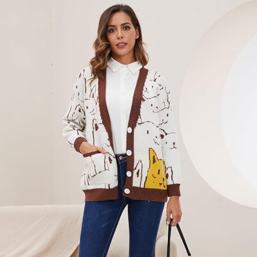 VDWIP Women Cardigan Sweater Cartoon V Neck Button Down Open Front Cat Print Knit Cardigan Vintage Sweater Outwear (Brown-Medium New1)3