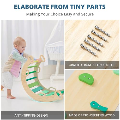 Image of BlueWood Pikler Triangle Set, Toddler Wooden Climbing Toys Indoor 7in1 Foldable Climber for Kids, Montessori Philosophy Play Jungle Gym with Arch, Ramp, Ladder (Green Summer)