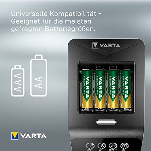 VARTA Akku Ladegerät, inkl. 4x AA 2100mAh, Batterieladegerät für wiederaufladbare AA/AAA, LCD Ultra Fast Charger+, Einzelschachtladung, 3 Modi: Schnellladen, Laden, Auffrischen, inkl. 12V Adapter