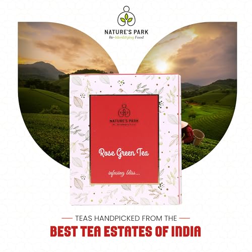 Image of Nature's Park Rose Green Tea - 20 Premium Tea Bags - For Glowing Skin, Stress Relieving, Good Sleep, Antioxidants Rich - Made with 100% Whole Leaf & Natural Rose Petals - Herbal Tea -150g