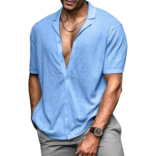 Mens Button Down Texture Beach Wedding Tops Cuban Collar Casual Short Sleeve Shirt Vintage Holiday Beach Shirts (Blue 2,X-Large)
