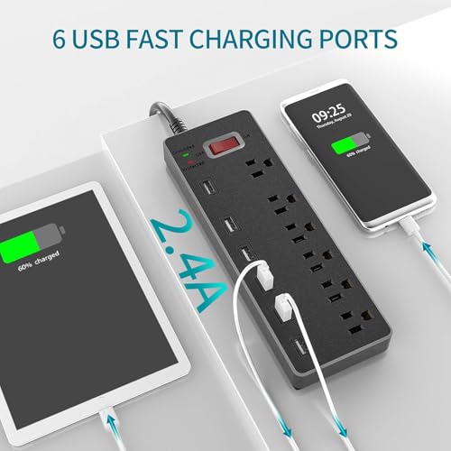 Surge Protector Power Strip, 6FT Surge Protector con 6 tomas y 6 puertos de carga USB, cable de extensión de 6 pies para hogar, oficina, 1625W/13A miniatura 5