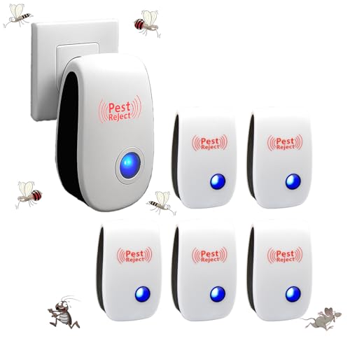 Repelente Ultrasónico de Plagas 6 Pack, Electrónico Anti Mosquitos Ratones Cucarachas, Exterminación de Roedores, Cucarachas, Moscas y Mosquitos en Interiores, para Casa, Oficina, Garaje