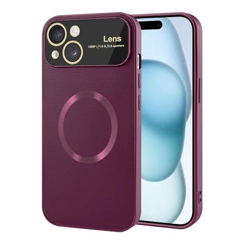 Image of Vaku Luxos Premium Polarized Leather Back Cover for iPhone 15 Plus Texture Full Lens Protection Silicon Case Scratch Resistant Slim Thin Compatible with Mag-Safe - Cherry
