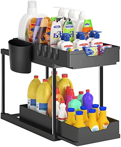 Omloon Under Sink Organizers and Storage,2 Tier Sliding Basket Bathroom Organizer, Under Cabinet Storage Rack with Hooks, Hanging Cup Multi-purpose Drawer Shelf for Bathroom Kitchen Countertop, Black