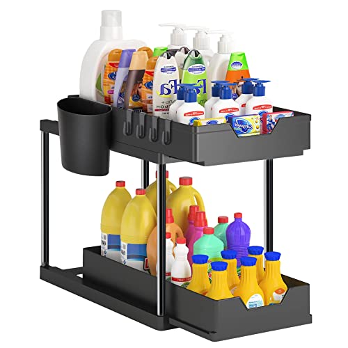 Omloon Under Sink Organizers And Storage,2 Tier Sliding Basket Bathroom Organizer, Under Cabinet Storage Rack With Hooks, Hanging Cup Multi-Purpose Drawer Shelf For Bathroom Kitchen Countertop, Black #TOP2