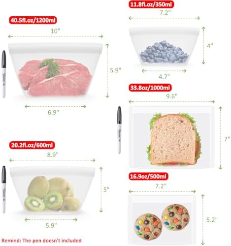 Silicone Bags for Food Storage, Reusable Zip Lock Bags Silicone Food Storage Containers, Freezer Microwave Oven Dishwasher Safe, Plastice BPA-Free 5 Pack (40oz 20oz 12oz 17oz 34oz) - Thumbnail 4