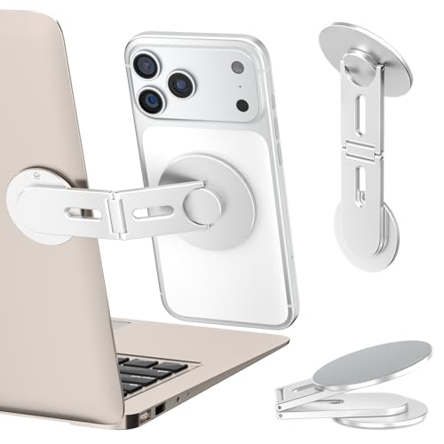 ALAFLY Magnetic Laptop Phone Holder, Foldable Hidden Mount Compatible with iPhone 17/16/15/14/13 & All Phone, 360° Rotating Monitor Side Phone Stand for Laptop, Tesla Model 3/Y, Desktop, Silver