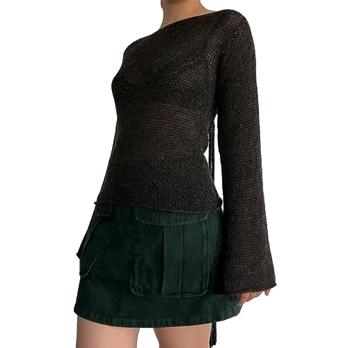 Women's Vintage Knitted Sweater Tops Long Flared Sleeve Backless Hollow Out Pullovers Jumper Shirt