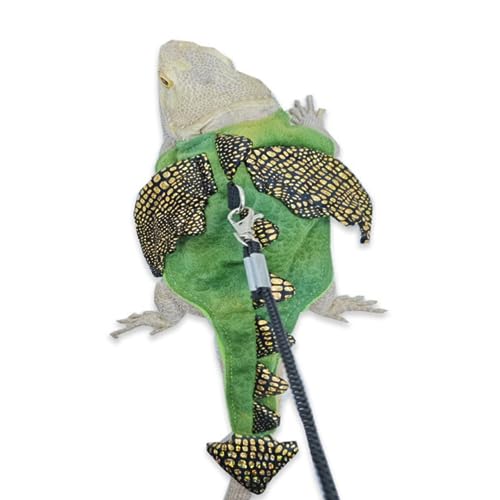 Image of Bearded Dragon Harness Leash Set - Halloween Costume Adjustable Lizard Dinosaur Leash Harness with Wing Outdoor Walking Lead Control Rope for Bearded Dragon Reptiles Small Animals (S,Green)