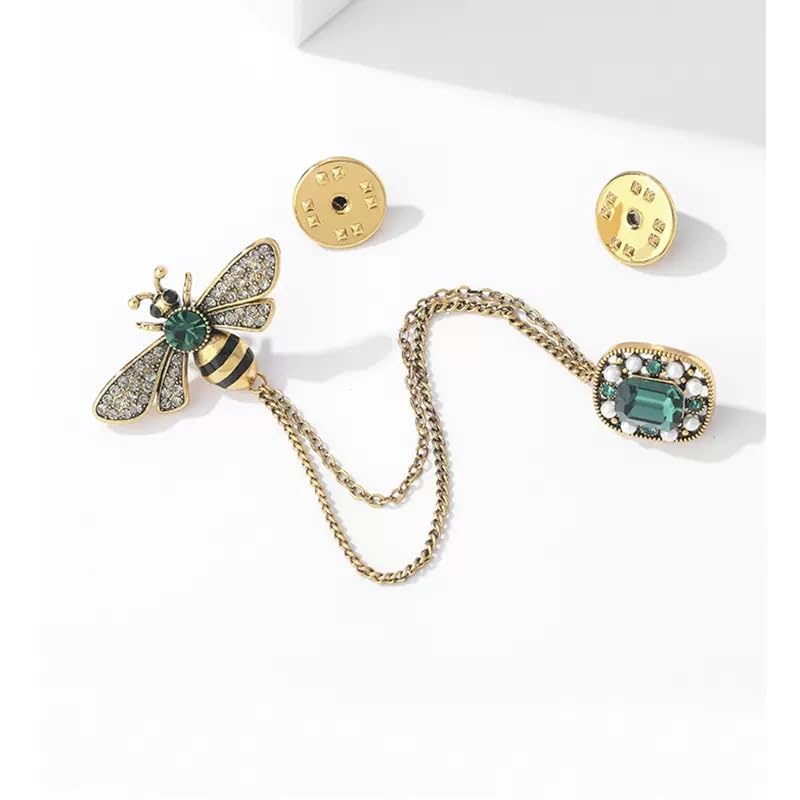 Image of Dreuyet Honey Bee Brooches for Women Men CZ Crystal Cute Bee With Hanging Chain Tassel Badge Suit Collar Brooch Lapel Pin Vintage Insect Themes Hanging Brooches Pins Accessories