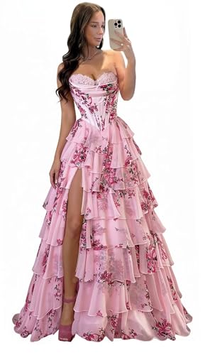 Misshow Robe de Soirée Volants Chic et Glamour Femme Longue Bustier en Dentelles Romantique plissée Mousseline Fluide Rose 44
