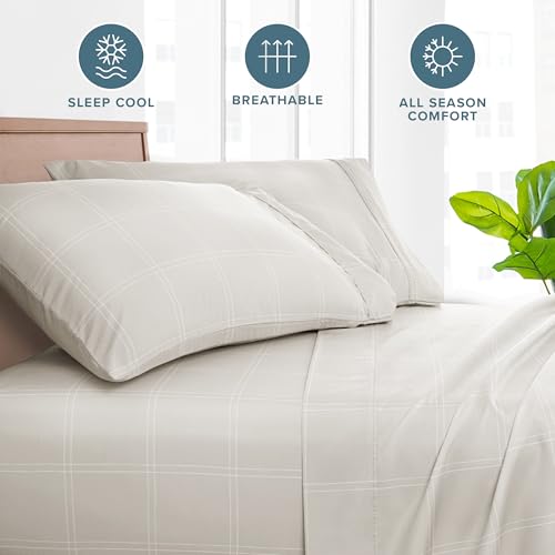 Image of Bare Home Microfiber Pillow Cases - Standard /Queen Size Set of 2 - Cooling Pillowcases - Double Brushed - Pillowcases 2 Pack - Easy Care (Standard, Modern Plaid - Stone /White)