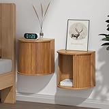 WTWEGMDGE Floating Nightstand Set of 2,Wooden Wall-Mounted Nightstand with Fluted Sliding Roll-Up Door,Space-Saving,Suitable for Small Space Bedroom,Living Room (Walnut-Floating Nightstand Set of 2)