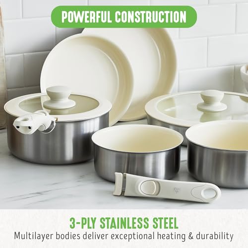 GreenLife 10 Piece Stainless Steel Pots and Pans, Detachable & Stackable Kitchen Set, Tri Ply Ceramic Nonstick PFAS Free Cookware, Space Saving with Removable Handle, Induction & Oven Safe, Glass Lid - Image 3
