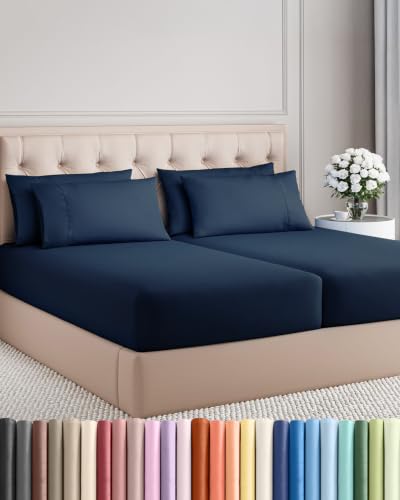 Image of Split King 7 Piece Bed Sheet Set - Comfy, Breathable & Cooling - Dark Blue