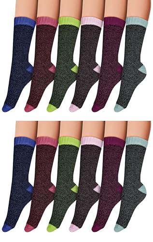 Brushed Thermal Socks, 12 Pairs Women’s Insulated Warm Winter Thick Crew Bulk Boot Sock (Assorted Color Brushed Interior)