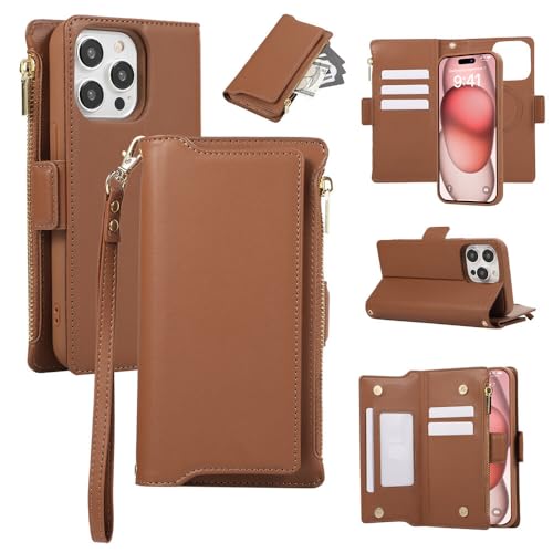 Coque arrière en cuir amovible magnétique iPhone 15 Pro Max marron étui housse détachable