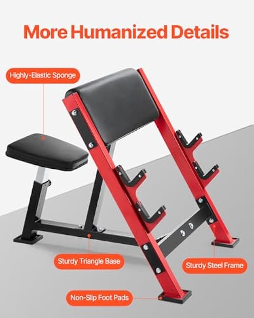 VEVOR Preacher Curl Bench, Strength Training Benches, Max Load 660 LBS Home Gym Fitness Equipment, Seated Arm Isolated Barbell Dumbbell Bicep Station, Adjustable Weight Bench with Bar Holders