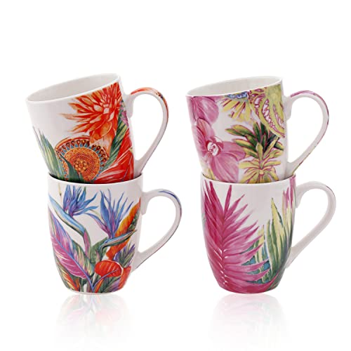 Flanacom Premium Kaffeetassen 4-er Set Florales Design - Große Keramik Kaffee-Becher ca. 300-ml - bunte Tee-Tassen Henkeltassen - Geschenk für Frauen - Kaffeetassen-Set 4-teilig (Multi Leaves)