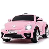 UEnjoy kompatibel mit Volkswagen Kinderauto 12V Kinderfahrzeug Elektro Schöne Käfer Double-Drive Auto für Kinder mit Fernbedienung,Musik,LED-Leuchten, Doppeltür,Rosa