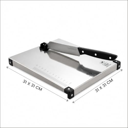 Image of Heavy Duty Stainless Steel Chopping Board with Attached Knife Set - Non-Slip Vegetable & Fruit Cutting Board, Rustproof & Dishwasher Safe Board for Kitchen (Square Counter top)