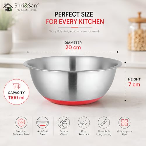 Image of Shri & Sam Stainless Steel Anti Skid Mixing Bowl Ferro Red 1100 ML