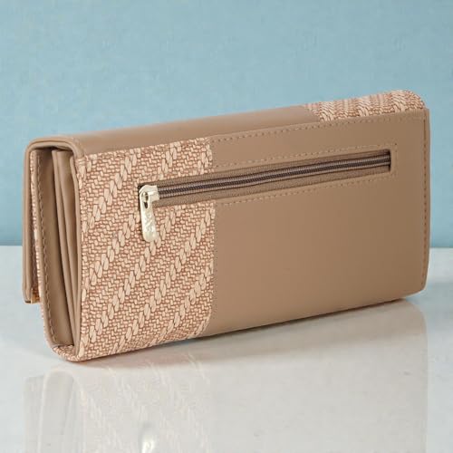 Image of Wallet for Women Girls Stylish Floral Faux Leather with Phone Space Coin Compartment Mobile Storage 4 Card Slots Holder Cash Zip Pockets Hand Clutch for Daily Use Ladies Long Purse (Khaki)