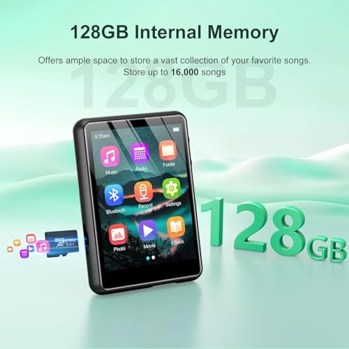Image of 128GB MP3 Player with Bluetooth 5.4, 2.4 inch Portable HiFi Music Player with FM Radio /HD Speaker /E-Book /Photo /Video /Alarm Clock, Digital Music Player Earphones Included