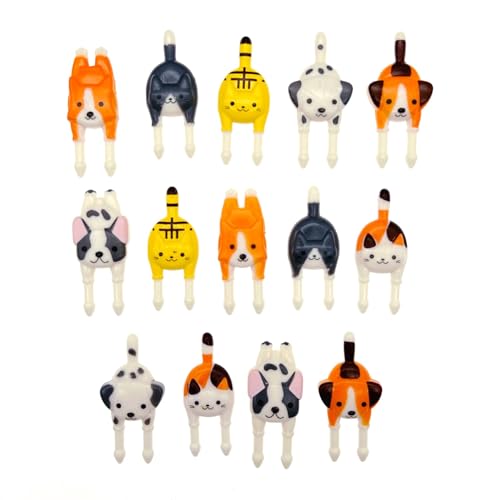 JZK 14 x niedliche Obstgabeln mit Tiermotiven, Mini-Cartoon-Hunde- und Katzen-Zahnstocher, Dekoration, Gabeln für Bento-Box, Lunchbox und Kinder, Dessert, Heimparty