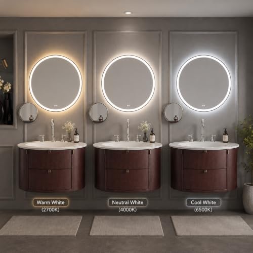 Image of Round Circle Bathroom LED Mirror Backlit with 3 LED Lights Smart Touch Switch Wall Mounted Vanity Mirror with Demister Defogger Dimmable Warm White Natural Light Simple Border Design