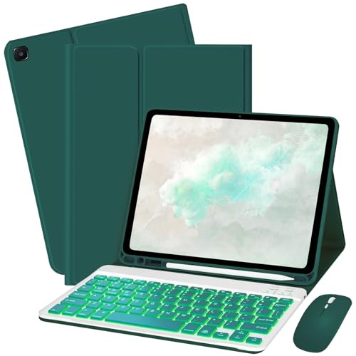 Bxomteng Keyboard Case for Amzaon Fire HD 10/10+ Plus (11/13th Generation) Case with Keyboard Mouse - 7 Colors Backlit Keyboard Protective Case Dark Green