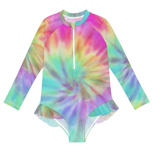 Girls One Piece Swimsuits Long Sleeve Swimsuit Zipper Bathing Suits Vibrant Summer Tie Dye Rainbow