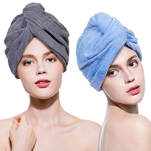 Lovife Microfiber Hair Towel Wrap 2 Pack Quick Drying Towels Hair Drying Turban Towel with Button Absorbent Cap for Long & Curly Hair Anti-Frizz (Grey+Blue)