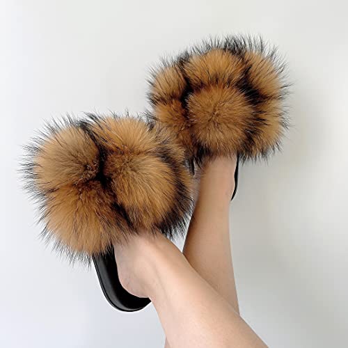 Women's Real Fox Fur Slides, Open-Toe Sandals, Indoor and Outdoor Non-Slip Slippers, Soft Pompom4